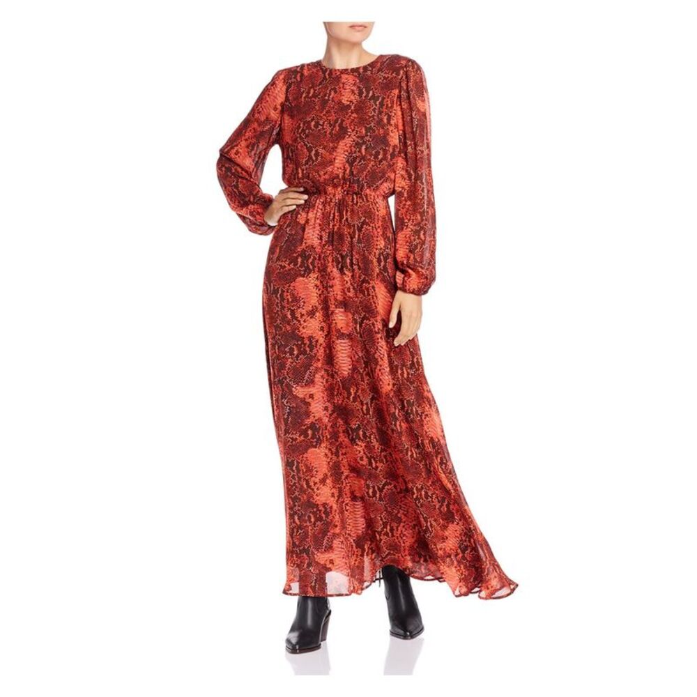 NOTES Womens Red Animal Print Pouf Crew Neck Maxi Blouson Dress Size: 36